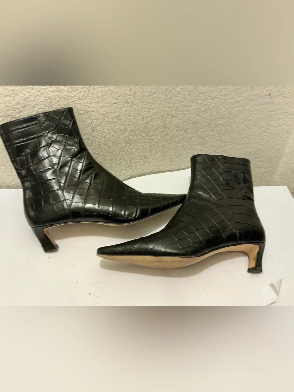 MICHAEL Michael Kors Black Croc-Embossed Pointed Ankle Booties with Gold Zip